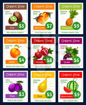 Fruits price cards of exotic kiwi, nectarine peach or tropical pineapple and juicy apple, garnet or grape and plum, pear and watermelon. Vector set for natural organic fruit shop or farm market sale