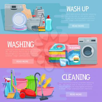 Home cleaning, dish and laundry washing banners set. Vector design of fresh linen, washing machine and kitchenware washer, vacuum cleaner, mopping sponge and glass cleaner or garbage bin and detergent