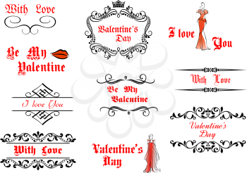 Valentine's Day messages and headlines set with calligraphic elements
