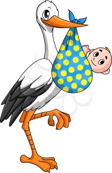Stork with newborn baby for childbirth concept