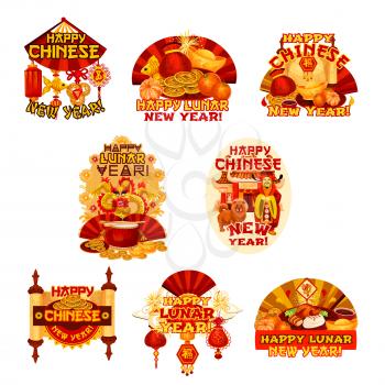 Chinese New Year badge of asian lunar calendar holiday celebration. Oriental lantern, dragon and pagoda, zodiac dog, god of wealth and lucky coin, fan, festive food and scroll for greeting card design