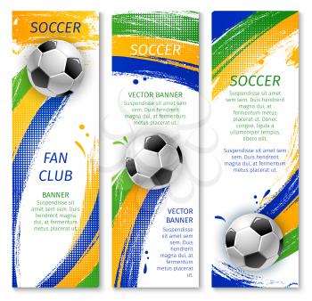 Soccer sport club banner of football team. Soccer ball with paint brush strokes and text layout for football match announcement flyer or sporting event brochure design