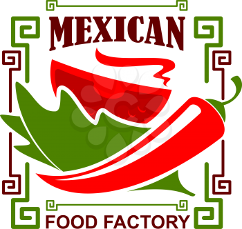 Mexican food restaurant icon of jalapeno chili red pepper for Mexican fast food bistro or fastfood cafe. Vector design of Mayan or Aztec ornament and hot spice pepper in bowl plate