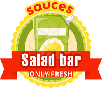 Salad bar of fast food restaurant icon design for fastfood or snacks bistro and food court. Vector isolated symbol of fresh salad mayonnaise or ketchup sauce with red ribbon
