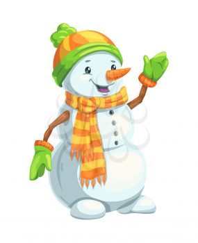 Christmas snowman with scarf, hat and mittens, carrot nose and wooden arms. Winter holidays cartoon character for Xmas and New Year greeting card design