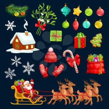 Christmas objects for winter holiday. Santa Claus in carriage with deers and sack of presents, hat with mittens and cane candy. Xmas tree decorations and gift box, cookie and mistletoe or fir vector