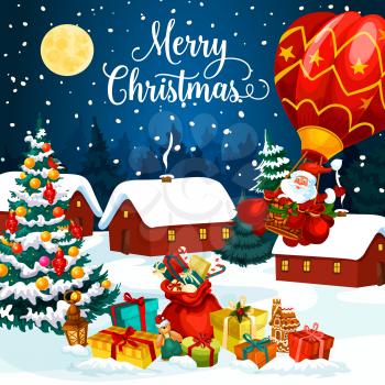 Merry Christmas greeting card of town houses covered with snow and Santa with gifts on hot air balloon. Vector New Year winter holiday design of Xmas tree decorations