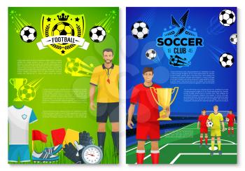 Soccer sport club poster with football team player and trophy. Soccer stadium field with ball, winner cup and referee sporting banner, adorned by football club shield badge with laurel wreath and star