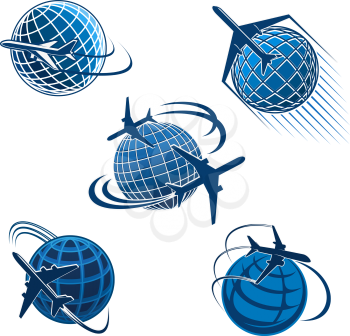 Plane and journey icon of air travel symbol. Around the world travel concept with airplane flying around the earth planet blue silhouette for air transportation company and travel agency emblem