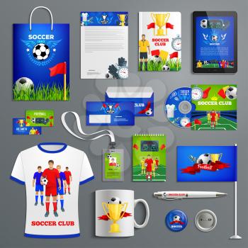 Soccer sport club corporate identity for football team branding. Business card, folder cover, letterhead layout and office stationery with football players, soccer ball and winner trophy cup