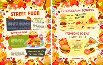 Fast food restaurant menu poster with burger, snack, drink and dessert. Hamburger, hot dog and fries, pizza, donut and chicken, cheese sandwich, ice cream and popcorn banner with ingredient frame