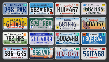 USA vehicle registration plates with state symbols. Vector American car number plates of Kansas, Minnesota or Maryland and Florida, Indiana and Tennessee plate with of Arizona and California