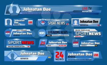 Sport news TV backdrops with broadcast header title and lower bars. Vector breaking news television channel screen blue banners with names, world championship cup scores and live sport TV time