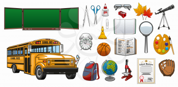 School symbols and education stationery isolated icons. Vector Back to School green chalkboard, basketball sport ball, student backpack with books and pencils, biology microscope and school bus