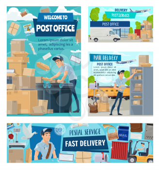 Mail delivery courier or postman profession, post office logistics of correspondence and parcels. Vector post office express delivery air mail cargo, storehouse truck and envelope letter rubber stamp