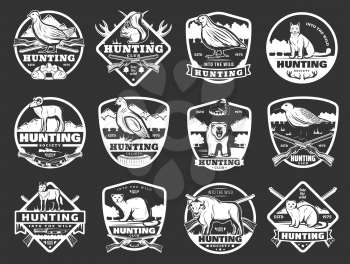 Hunter club badges and hunting society open season icons. Vector hunt ammo rifle gun and traps for wild bear, woodcock and partridge wildfowl, African safari buffalo and mountain sheep or ermine