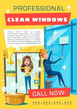 Home window glass cleaning, rope access professional service on industrial office buildings. Vector cleaning service housewife with sponge and polisher, man on rope access with scraper on skyscraper