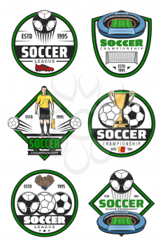Soccer championship badge for football sport game competition design. Soccer ball, winner trophy cup and football stadium play field, goal gate, referee and flag for sport club label template