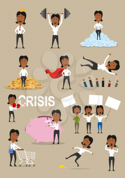 Businesswoman activities cartoon set. Successful businesswoman with gold bar, crown and hero red cape, talking by mobile phone, shopping with cart, manager fighting with crisis, recovering piggy bank