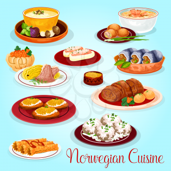 Norwegian cuisine dishes for lunch menu cartoon icon. Salmon and mushroom cream soup, potato salmon pie, herring roll, lamb cabbage stew, stuffed cucumber, fish roll, toast with pike roe, waffle roll