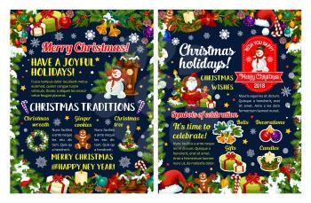 Merry Christmas and New Year holidays greeting poster. Santa with gift and snowman with Xmas tree festive card, framed with holly wreath, bell and snowflake, star, ball and ribbon, candle and cookie