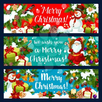 Merry Christmas greeting card of Santa on reindeer sleigh with gifts bag. Vector Christmas tree decorations of cone, ball and bell with star garland for Happy New Year wish on winter season holidays