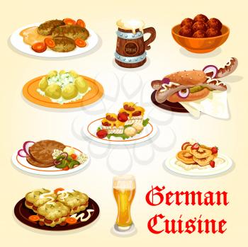 German cuisine icon with Oktoberfest menu. Sausage sandwich, pork roll and beer, schnitzel with mashed potato, baked fish with cheese and tomato, potato casserole and meatball for festival food design