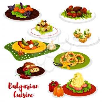 Bulgarian cuisine healthy lunch dish icon. Tomato and pepper stew lecho, mashed potato with cheese and beef vegetable stew with bean, fried bell pepper, onion egg pie, nut cookie and cream fruit cake