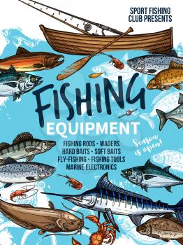 Fishing equipment banner with fish and fishing boat. Fishing rod, hook and bait, reel, tackle and lure sketch poster with salmon fish, tuna and marlin, carp, and crab for fisherman sport club design