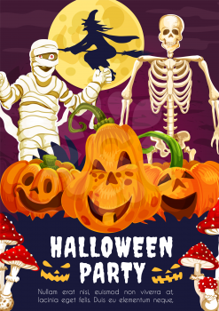 Halloween party greeting banner with trick or treat pumpkin. October holiday spooky skeleton, witch and mummy festive poster with full moon night sky on background for horror party invitation design
