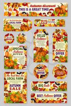 Autumn Big Sale posters, discount banners and price promo tags for seasonal shopping or store design. Vector set of pumpkin or rowan berry, autumn maple leaf or fall mushroom and oak acorn