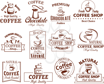 Coffee cup icons template for coffeeshop of coffeehouse and cafeteria. Vector set of coffee makers, hot chocolate, strong espresso or americano steam, turkish cezve and coffee grinder for cafe design