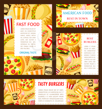 Fast food restaurant posters and banners templates set of cheeseburger burger or hamburger, hot dog sandwich and pizza, donut or popcorn dessert and coffee or soda drink. Vector fastfood menu design