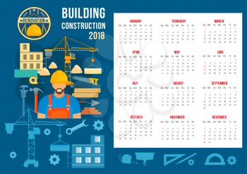 House construction and home building 2018 calendar template. Vector flat design of engineering work tools, concrete block, engineer builder with ruler, pencil or saw and spanner, brickwork winch crane