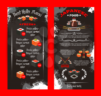 Sushi restaurant or Japanese cuisine bar menu template. Vector price set of fish sushi rolls, rice and salmon tobiko, eel or tuna sashimi and ramen noodles soup, Japanese tea, chopsticks and soy sauce