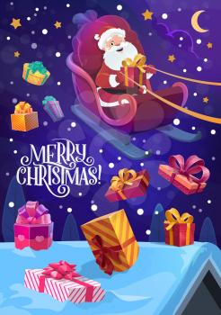 Christmas sleigh with Santa and Xmas gifts flying over roofs of festive night town vector greeting card. Claus delivering New Year presents with ribbons and bows. Christmas winter holidays design