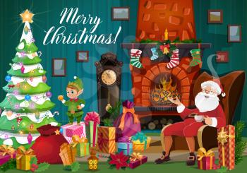 Santa and elf with Christmas tree and gifts near Xmas fireplace vector greeting card. Claus room interior with New Year garland, present boxes and stocking, clock, balls and lights, bell and candle