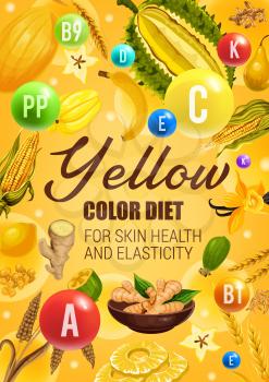 Yellow color diet vegetarian food ingredients, fruits, vegetables, spices and cereals. Vitamins in ginger, banana and vanilla, corn, wheat and durian, lemon and pineapple, healthy skin diet. Vector