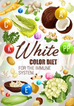White food of color diet, immune system health benefits of potato vegetable, peanut nut and mushrooms, garlic, onion and cauliflower, radish, coconut and chicory, spices and cereals vector design