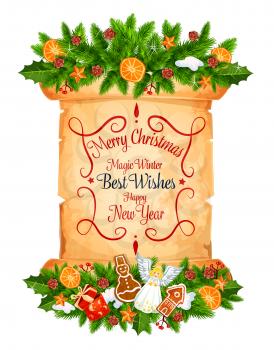 Christmas and New Year greeting card on old paper scroll. Winter holiday garland with holly berry and Xmas tree branch, gift, star and cookie, snowflake, gingerbread and greeting wishes on parchment