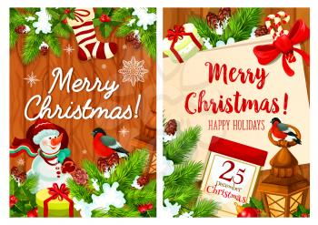 Merry Christmas wish greeting card for winter holidays celebration. Vector Santa gift presents, 25 December calendar and bullfinch with snowman, Christmas tree stocking decoration and New Year snow