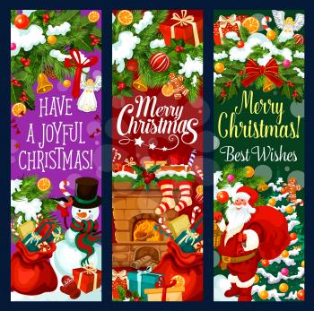 Christmas holiday banner with New Year garland and gift. Santa, snowman and Xmas tree greeting card with bell, ribbon bow and snowflake, holly berry wreath, fireplace and sock, candy, cookie and snow