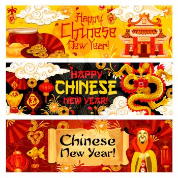 Happy Chinese New Year greeting banners of holiday text on paper scroll and golden dragon with traditional ornaments and decorations. Vector fireworks and clouds, Chinese golden coins and emperor