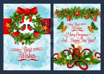 Christmas holiday wreath greeting banner set with frame of snowflake. New Year festive garland with Xmas tree and holly berry, Santa bell, star and ribbon, bow, ball and banner with greeting wishes