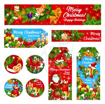 Merry Christmas and Happy Xmas holidays greeting banners or card tags for winter celebration season. Vector Christmas tree decorations, Santa New Year present gifts or golden bell and snowflakes