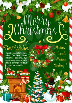 Merry Christmas greeting card of Xmas tree decorations and Santa gifts at fireplace chimney. Vector angel, golden bell and stars ornaments on holly wreath in snow for New Year season green background