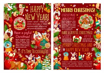 Christmas and New Year gift festive poster. Xmas tree with Santa present, bell and snow, holly garland with ball, star and candy, sock, cookie and reindeer greeting card for winter holidays design