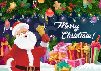 Santa Claus with Christmas bell, Xmas gifts and New Year garland vector design. Present boxes and red bag with ribbon bows, winter holidays greeting card, decorated by pine branches, balls and lights