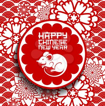Happy Chinese New Year zodiac rat vector design of Lunar New Year. Red and white papercut pattern with mouse animal horoscope symbol, blooming plum flowers, chrysanthemum and aster, Spring Festival