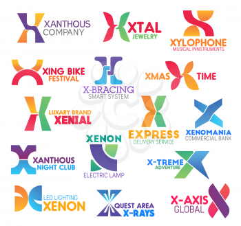Letter X icons and signs for business. Xanthous and xtal, xylophone and xing bike, x-bracing and xmas, xenial and express, xenomania and xenon, x-treme and x-ray with x-axis symbols vector isolated